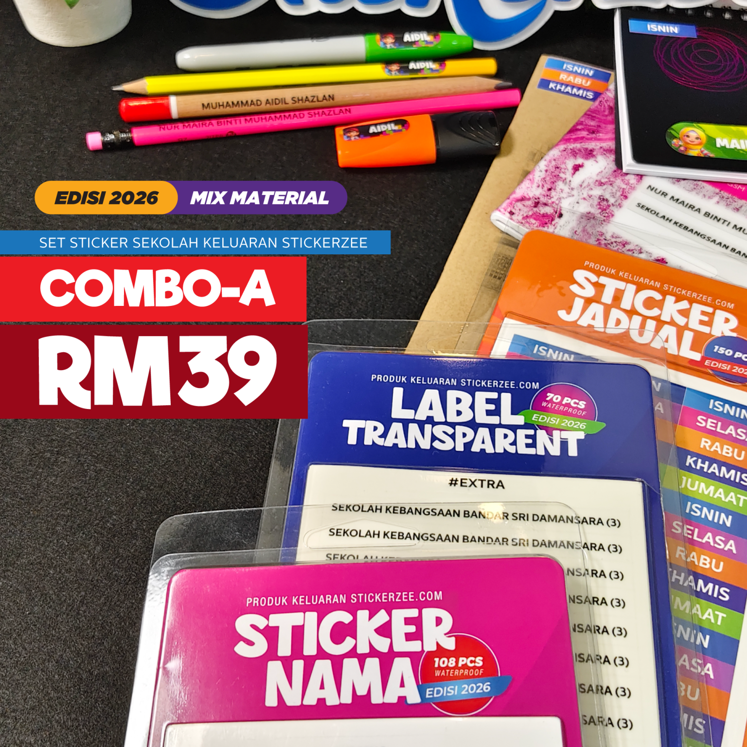 Combo A – Sticker Nama, Sticker Jadual, & Label Transparent – Stickerzee
